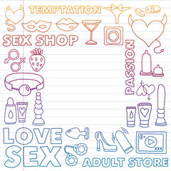 Vector set with sex shop icons. Erotic fetish games background.