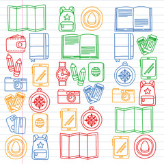 Vector pattern with travel icons. Get ready for adventures and travel. Hot air balloon, suitcase, airplane. Great vacation, holidays.