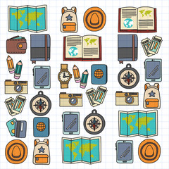 Vector pattern with travel icons. Get ready for adventures and travel. Hot air balloon, suitcase, airplane. Great vacation, holidays.