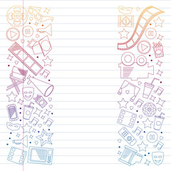 Cinema, video. Doodle set of vector icons. Megaphone, camera, movie. Musical theathre, entertaiment.