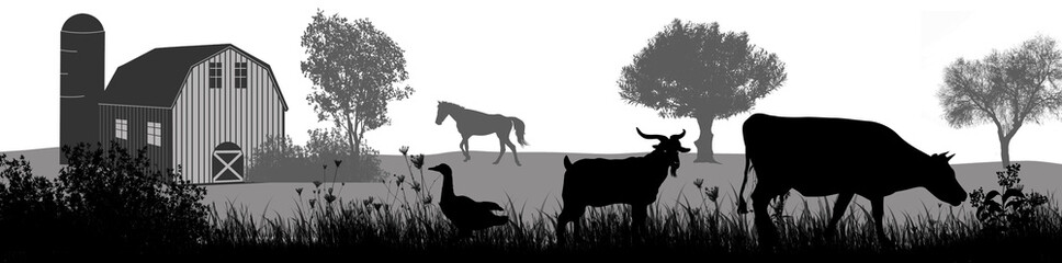 Farm animals silhouette on beautiful rural landscape
