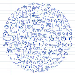Children pattern with fairy tale unicors for kids clothes, posters, banners, shirts. Vector image with cartoon character.