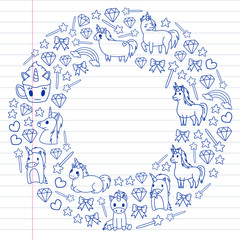 Children pattern with fairy tale unicors for kids clothes, posters, banners, shirts. Vector image with cartoon character.