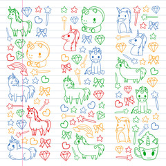 Children pattern with fairy tale unicors for kids clothes, posters, banners, shirts. Vector image with cartoon character.
