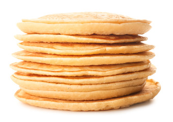Stack of tasty pancakes on white background