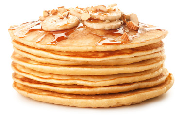 Stack of tasty pancakes on white background