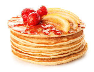 Stack of tasty pancakes on white background