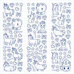Children pattern with fairy tale unicors for kids clothes, posters, banners, shirts. Vector image with cartoon character.