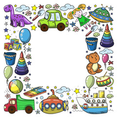 Baby toy set. Vector flat style cartoon illustration. Wooden and plastic toys, fun and activity. Kindergarten, nursery.