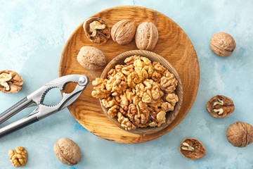 Composition with tasty walnuts on table