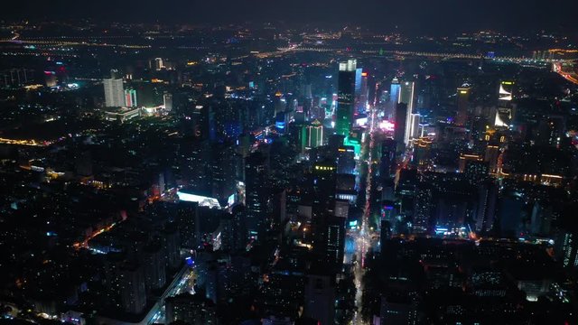 night illumination nanjing cityscape downtown aerial panorama 4k china