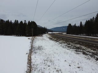 Telephone wires leading into a snow covered scene with curving roadways and tall trees