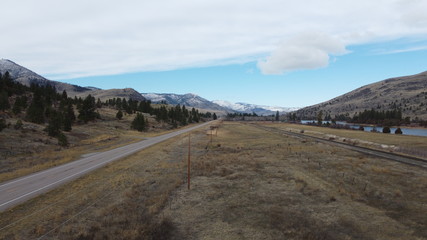 A road, grass field and train track cutting through a valley of tree covered rolling hills and large snow covered mountain range