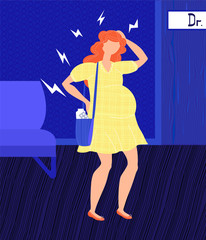 Vector flat illustration shows pregnant woman at doctor s appointment. She s waiting her turn. She has headache, back pain. Concept pregnancy problems, treatment pregnant. In web design, banners, etc.