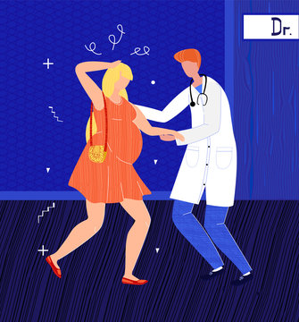 Vector flat illustration pregnant woman at the doctor s office. She s got dizziness, instability, loss of balance, nausea, maybe headache. Doctor supports her arm so she wouldn t fall.