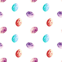 Seamless easter pattern consisting of colorful eggs. Watercolor easter eggs on white background. Wrapping, scrapbooking