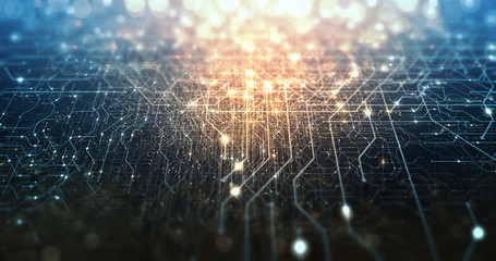 Abstract tech background made of printed circuit board. Depth of field effect and bokeh. internet connections, cloud computing and neural network, big data. 3D render - obrazy, fototapety, plakaty