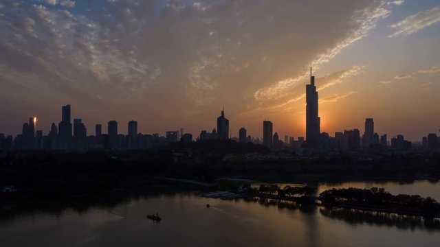 sunset sky nanjing city wall lakeside park downtown aerial timelapse panorama 4k china