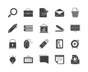 office supply equipment stationery icon set silhouette on white background