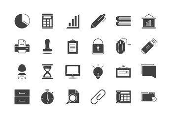 office supply equipment stationery icon set silhouette on white background