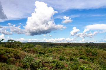 Rural landscape in Minas Gerais, Brazil, featuring cerrado vegetation under a blue sky with some clouds.