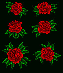 set red rose flower hand drawing