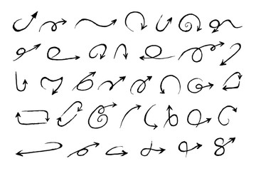 Collection of hand-drawn arrows isolated on white background. Vector illustration.