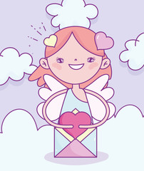 happy valentines day, cute cupid with mail love romantic clouds background