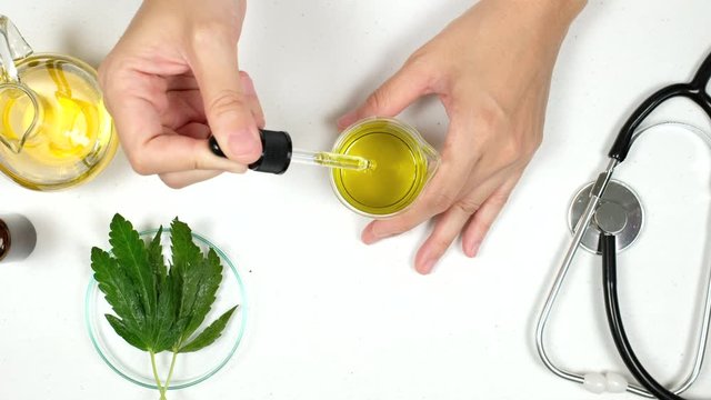 cbd, the oil drop test and research in the laboratory for medical treatment by doctor ,scientist and pharmacist.4k video 