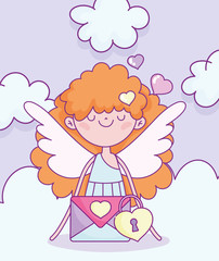 happy valentines day, cute cupid with envelope message padlock