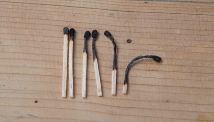 Concept of patience. A row of burnt matches, from left to right, from almost a whole match to a completely burnt match to the dust. wooden background, flat lay.