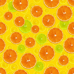set seamless texture with juicy slices of orange, lemon, lime on a yellow background for a menu or recipe, concept of vegetarian, vitamin and wholesome food, background, pattern for textile, wallpaper