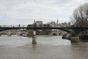 Fototapeta premium Paris, France : le pont des Arts devant l'ïle de la Cité et les tours de la cathédrale Notre-Dame sans la flèche, détruite par l'incendie du 15 avril 2019.