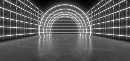 Beautiful composition of white neon lights on a black background. 3d rendering image.