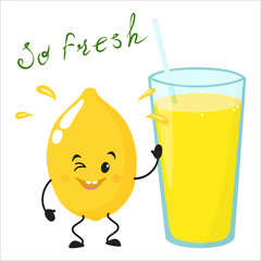 Cute happy character lemon with a glass of glass.