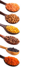 Collection of various lentils in a wooden spoons isolated on a white background.
