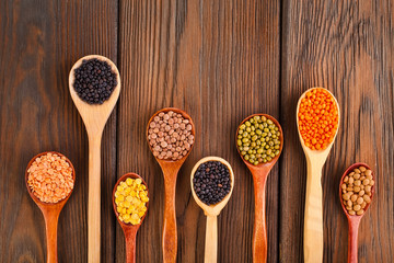 Various lentils in the wooden spoons on a wooden background. Top view.