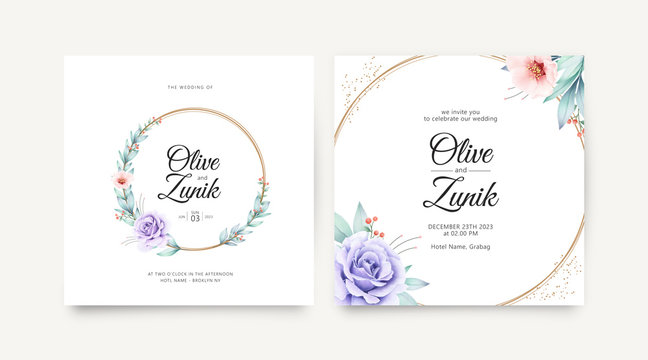 Wreath floral watercolor on wedding invitation card template