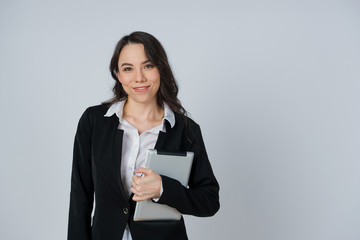 european woman on grey background, portrait girl