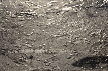 The icy dark surface is illuminated by sunlight. Ice colors: dark gray, white.
