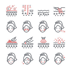 Skin face dermatologist icons set