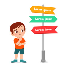 happy cute little kid boy with sign arrow