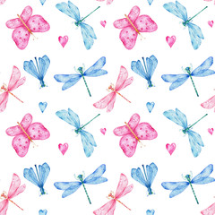 Seamless pattern with pink and blue dragonfly and butterfly; watercolor hand draw illustration; with white isolated background