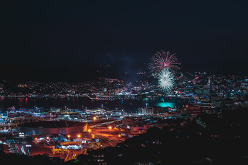 Wellington cityscape and fireworks; Wellington water front New Year celebration