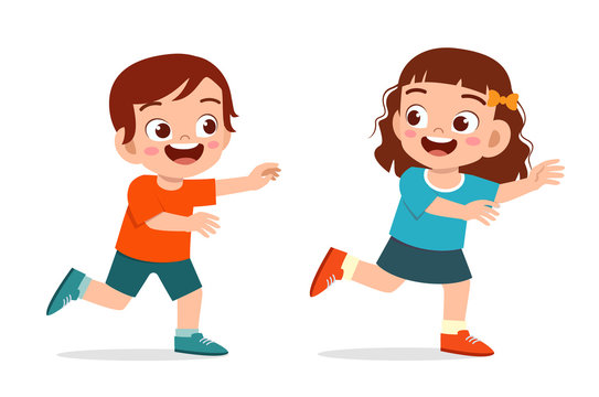 Happy Cute Little Kid Boy And Girl Play Run Tag