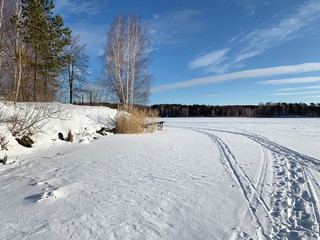 Russia, Chelyabinsk region. Nature monument - lake Uvildy in January in frosty weather