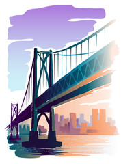 The bridge against the background of the silhouette of the city. City landscape. Vector illustration.