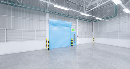 Roller door or roller shutter inside factory, warehouse or industrial building. Modern interior design with polished concrete floor and empty space for product display, industry background. 3d render.