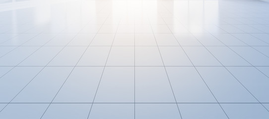 White tile floor background in perspective view. Clean, shiny and symmetry with grid line texture. For decor bathroom, kitchen and laundry room. And empty or copy space for product display. 3d render. - obrazy, fototapety, plakaty