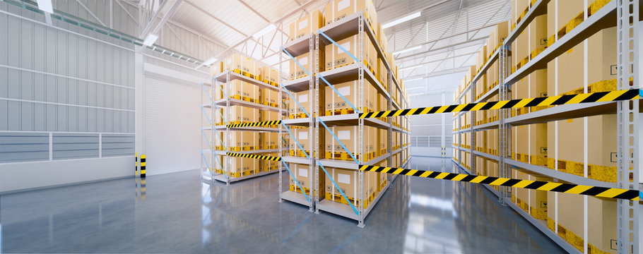 Warehouse or industry building interior. known as distribution center, retail warehouse. Part of storage and shipping system. Included box package, shelf, barricade tape and concrete floor. 3d render.